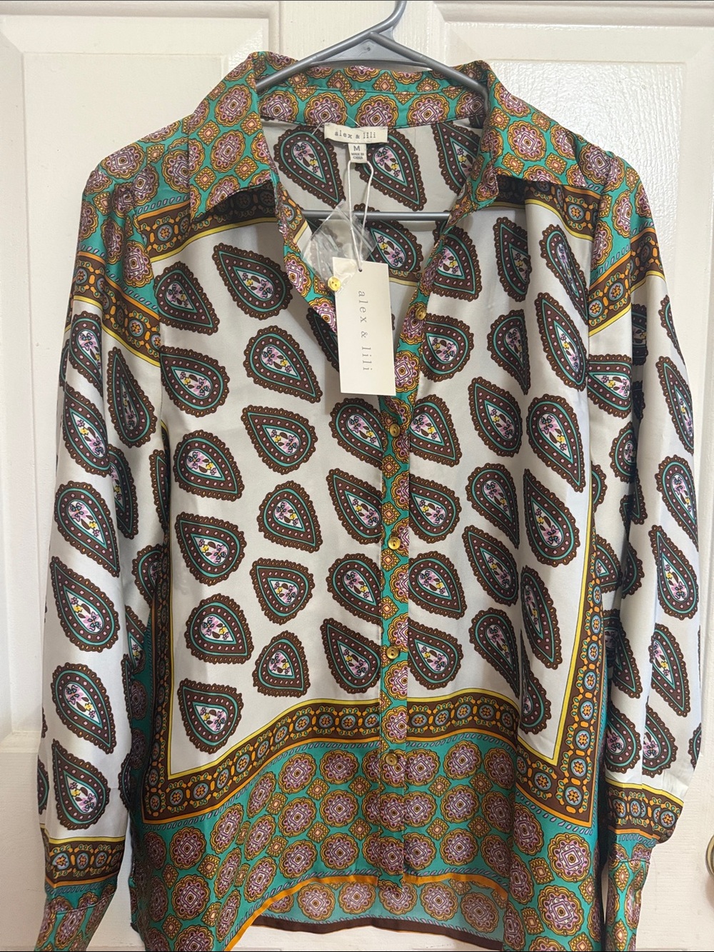 Women's Paisley Button-Up Blouse in Ivory and Teal